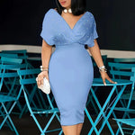 Women's Back Zipper dress Elegant Deep V Neck Wrap Bodycon Dress Pencil Midi Dress EX-STOCK