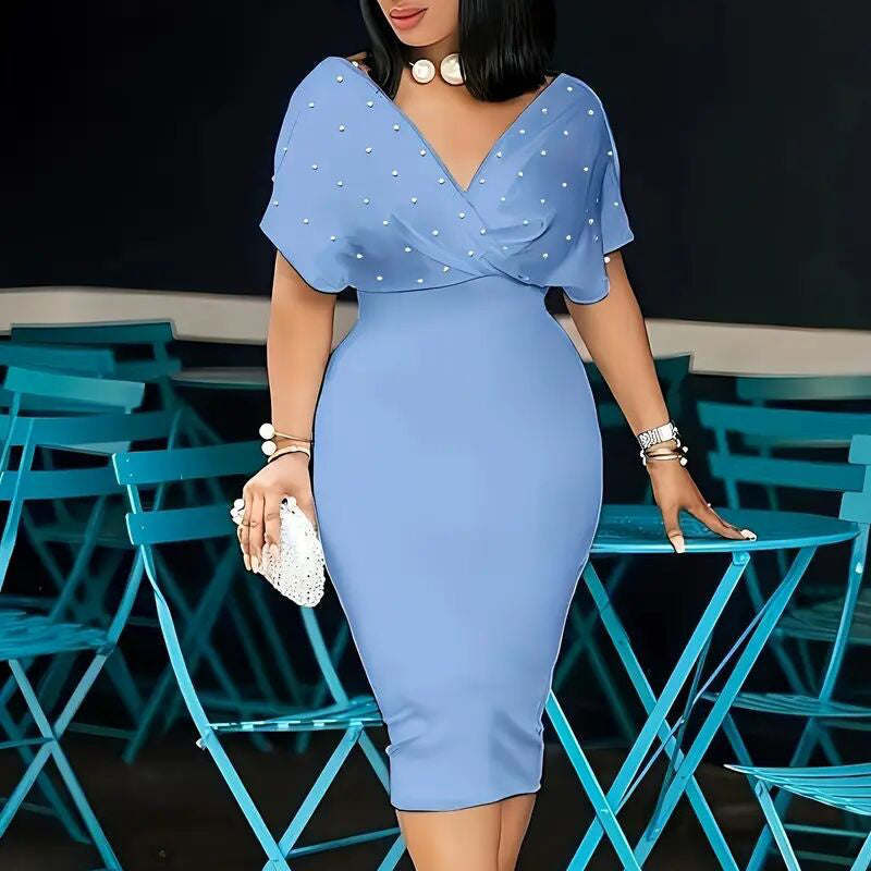 Women's Back Zipper dress Elegant Deep V Neck Wrap Bodycon Dress Pencil Midi Dress EX-STOCK