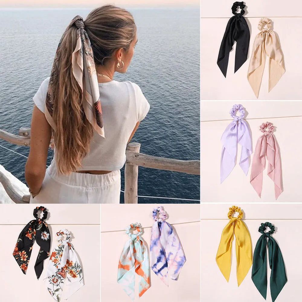 Cute Hair Silk Bow Scrunchie Vintage Satin Scarf Scrunchie - EX-STOCK CANADA