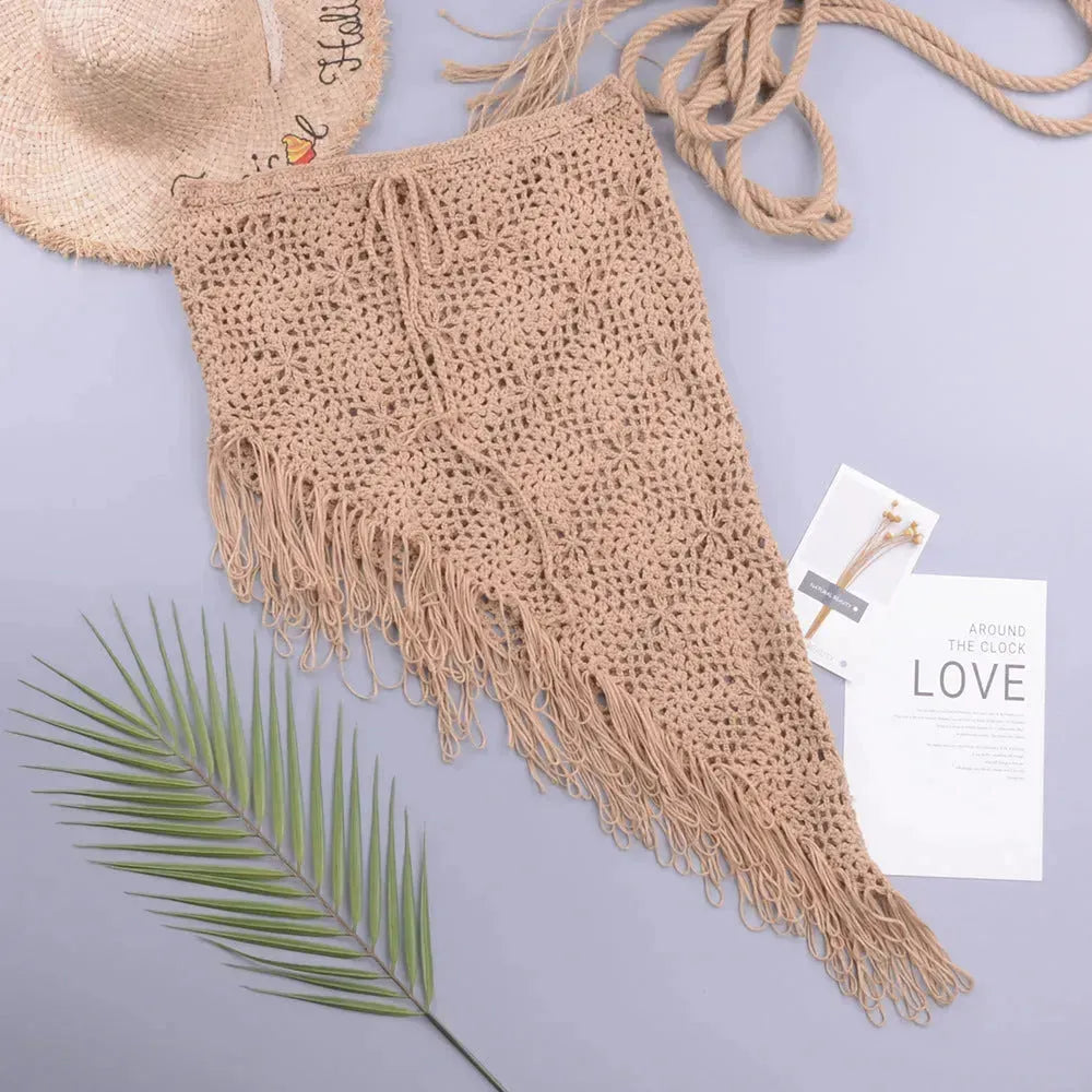 European And American Women's See Through Hollow Knitted tassel fringe Slant Beach Skirt - EX-STOCK CANADA