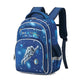 Blue backpack with space-themed design on a white background