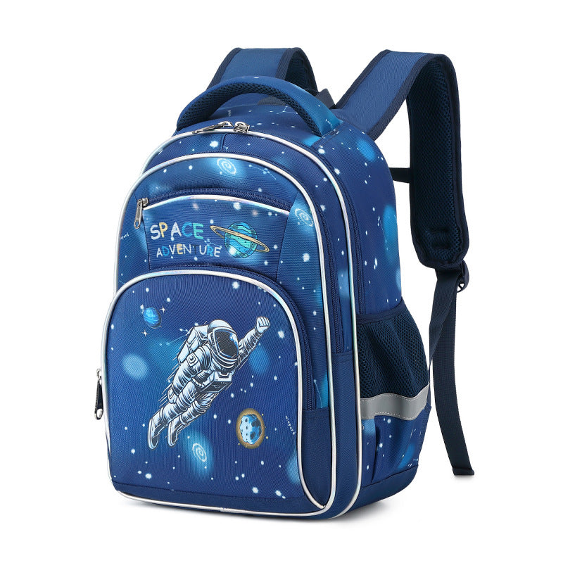 Blue backpack with space-themed design on a white background