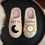 Fashion Moon And Clock Print Home Slippers Winter Warm Floor Bedroom House Shoes For Women