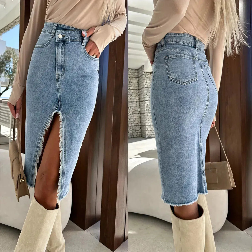 Fashion Solid Front Split Midi Denim Skirt - EX-STOCK CANADA