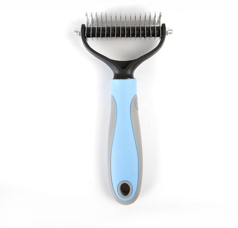 Pet grooming brush with blue handle on a white background