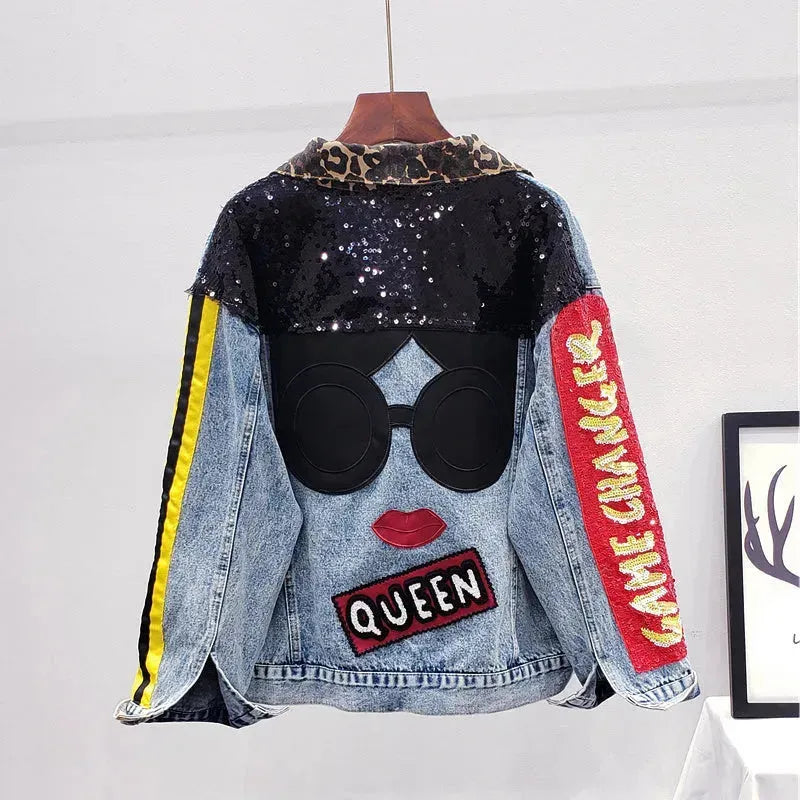 Single Breasted Embroidered Leopard Collar Denim Jacket Women