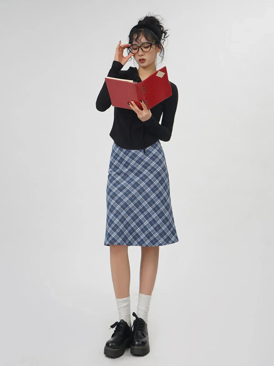 Plaid A- Line Skirt Women's High Waist student Midi Skirt - EX-STOCK CANADA