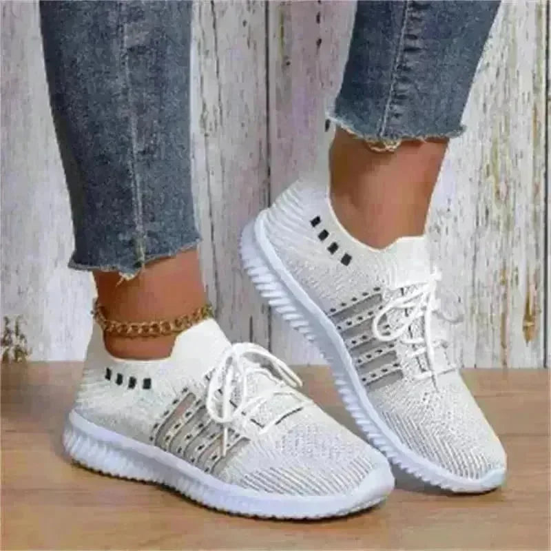 Casual Lace-up Mesh Sneakers Breathable Flying Woven Round Toe Walking Running Sports Shoes for Women - EX-STOCK CANADA