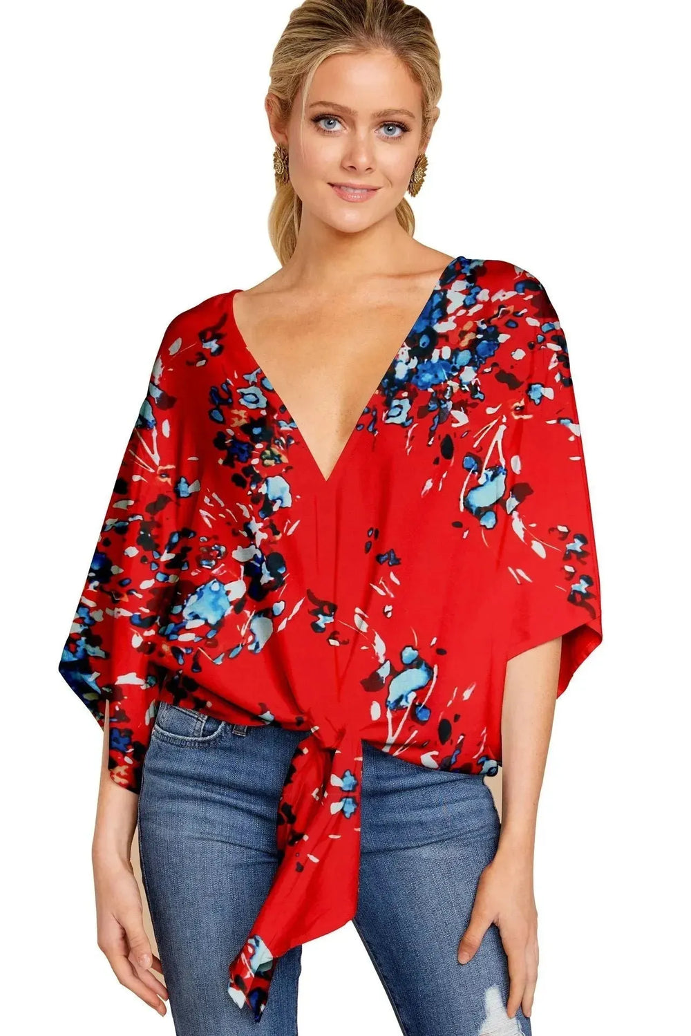 New V Neck Blouse Women Leopard Print Floral Tie Front Blouses Batwing Summer Oversize Ladies Tops - EX-STOCK CANADA
