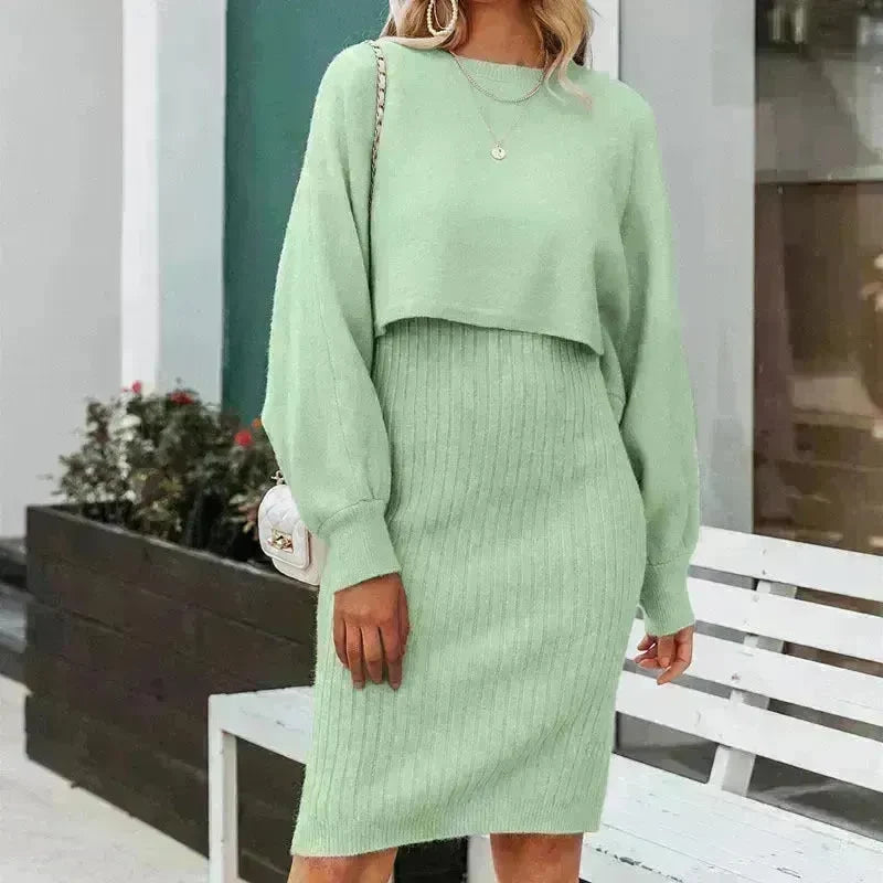 Women 2pcs Winter Outfit Cashmere dress Cropped Pullover top - EX-STOCK CANADA