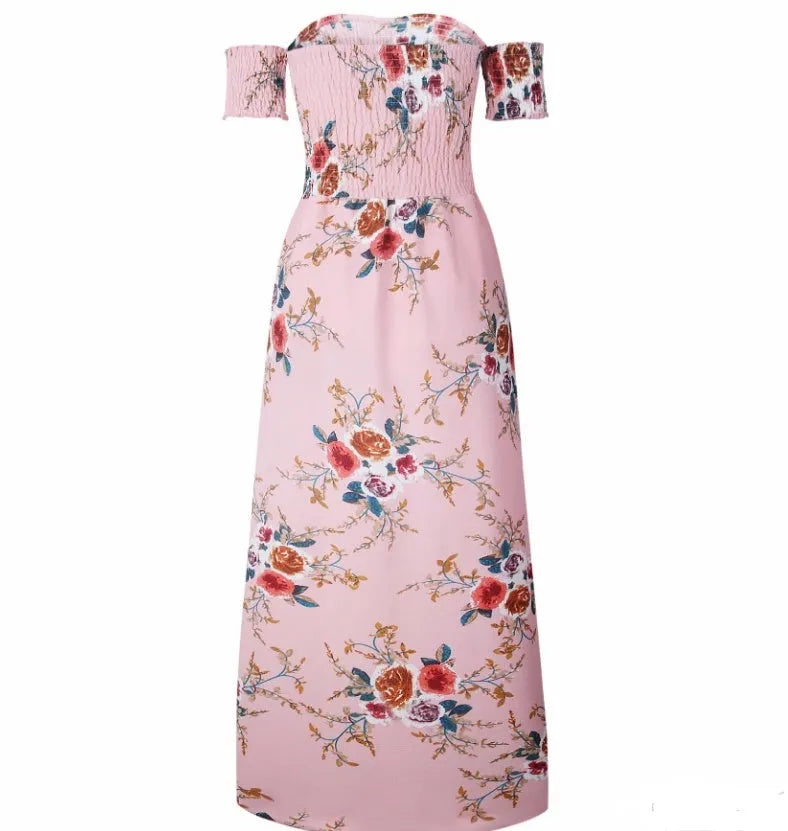 Elegant Ladies Summer Boho Vacation Resort Slit Maxi dress off shoulder Long floral Beach summer slit dress - EX-STOCK CANADA