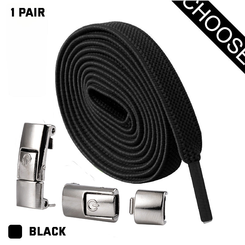 Black shoelace set with silver lace locks on a white background