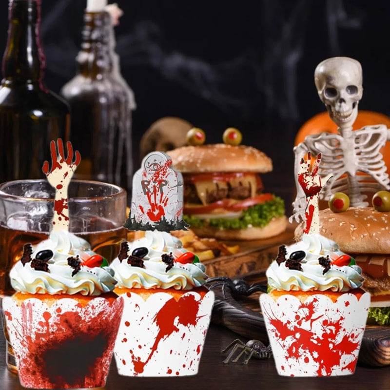 48Pcs Halloween Cupcake Toppers Wrappers Rip Kit Bloody Zombie Hand Cupcake Pick Decorations For Halloween Horror Movie Bloody Theme Birthday Party Cake Decorations Supplies - EX-STOCK Canada