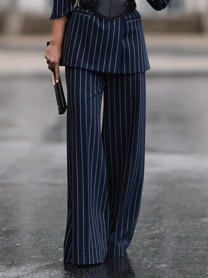 Women's Navy Pinstripe Blazer, Vest & Wide-Leg Pants 3-Piece Suit Set | Elegant Striped Power Suit | XS–XL