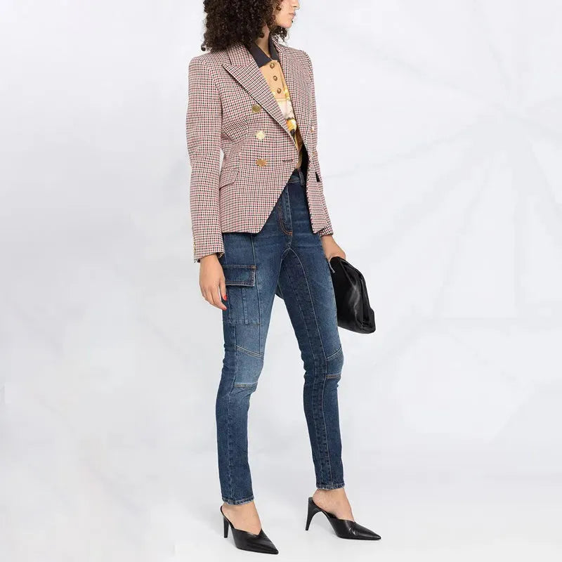 Houndstooth Small Jacket Women Long-Sleeved Double-Breasted Plaid Blazer - EX-STOCK CANADA
