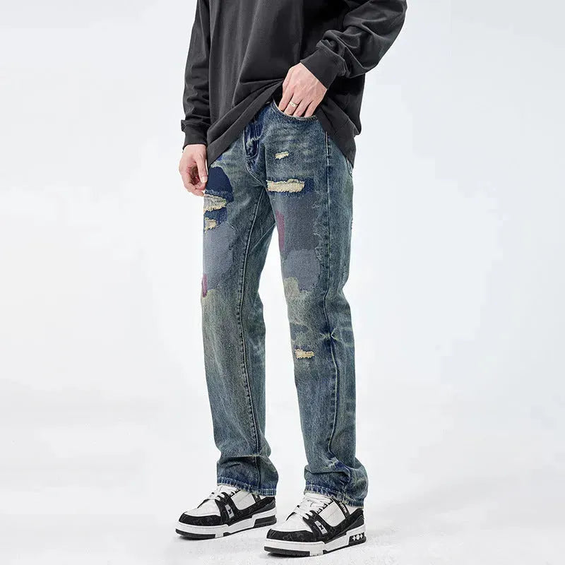 American Style Loose Broken Patch Straight Retro Denim Jeans pant Trousers Men