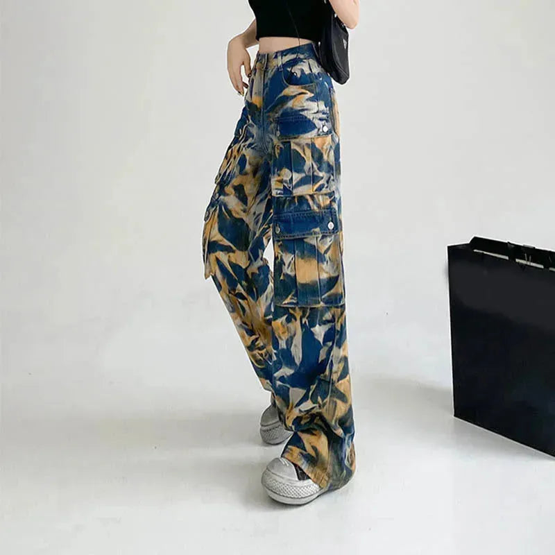 New Tie-dye Baggy CargoTrousers With Pockets Y2K Fashion High Waist Loose Wide Leg Pants Spring And Autumn - EX-STOCK CANADA