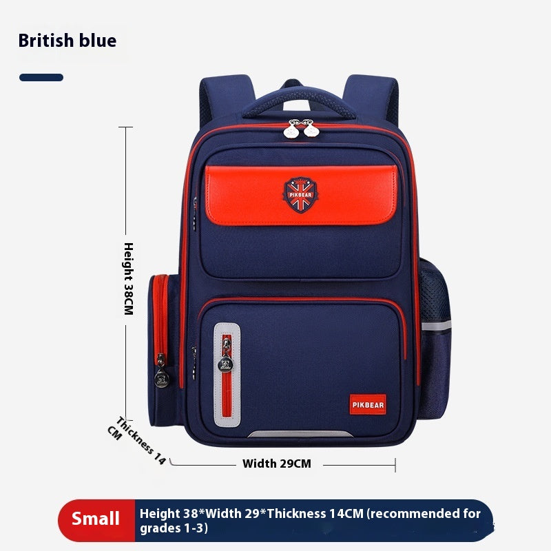 Navy blue and red backpack with measurements on a white background