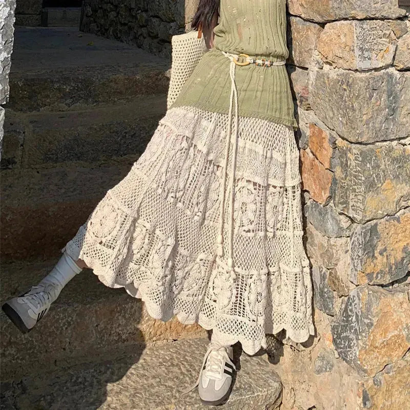 Retro Vacation Style Crocheted Hollow Beige Maxi Skirt - EX-STOCK CANADA