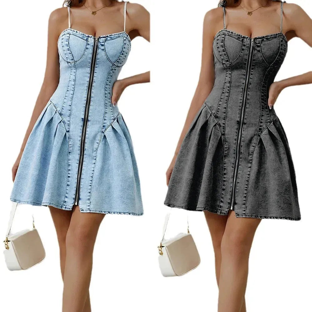 Chic Personality Street Splicing Sling Denim Mini Dress - EX-STOCK CANADA
