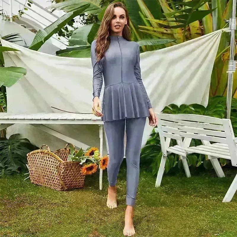 Pure Color Long-sleeved Trousers Fully Surrounded By Conservative Beach Surfing Sunscreen ArabOne-piece Swimsuit EX-STOCK