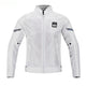 White motorcycle jacket with brand logos on a white background