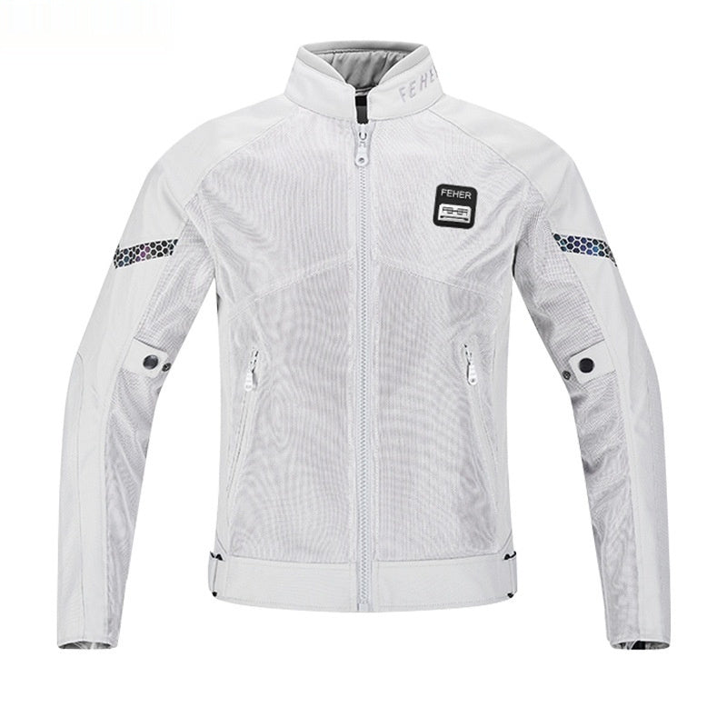 White motorcycle jacket with brand logos on a white background