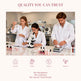 Three scientists in a lab performing various tasks with text about product quality and ingredients.