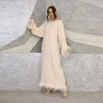 Feather Long Sleeve Middle East Arabic Elegant Round Neck Dress - EX-STOCK CANADA
