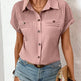 Lapel Shoulder Pleated Pocket Short Sleeve Top Shirt T-shirt Women - EX-STOCK CANADA