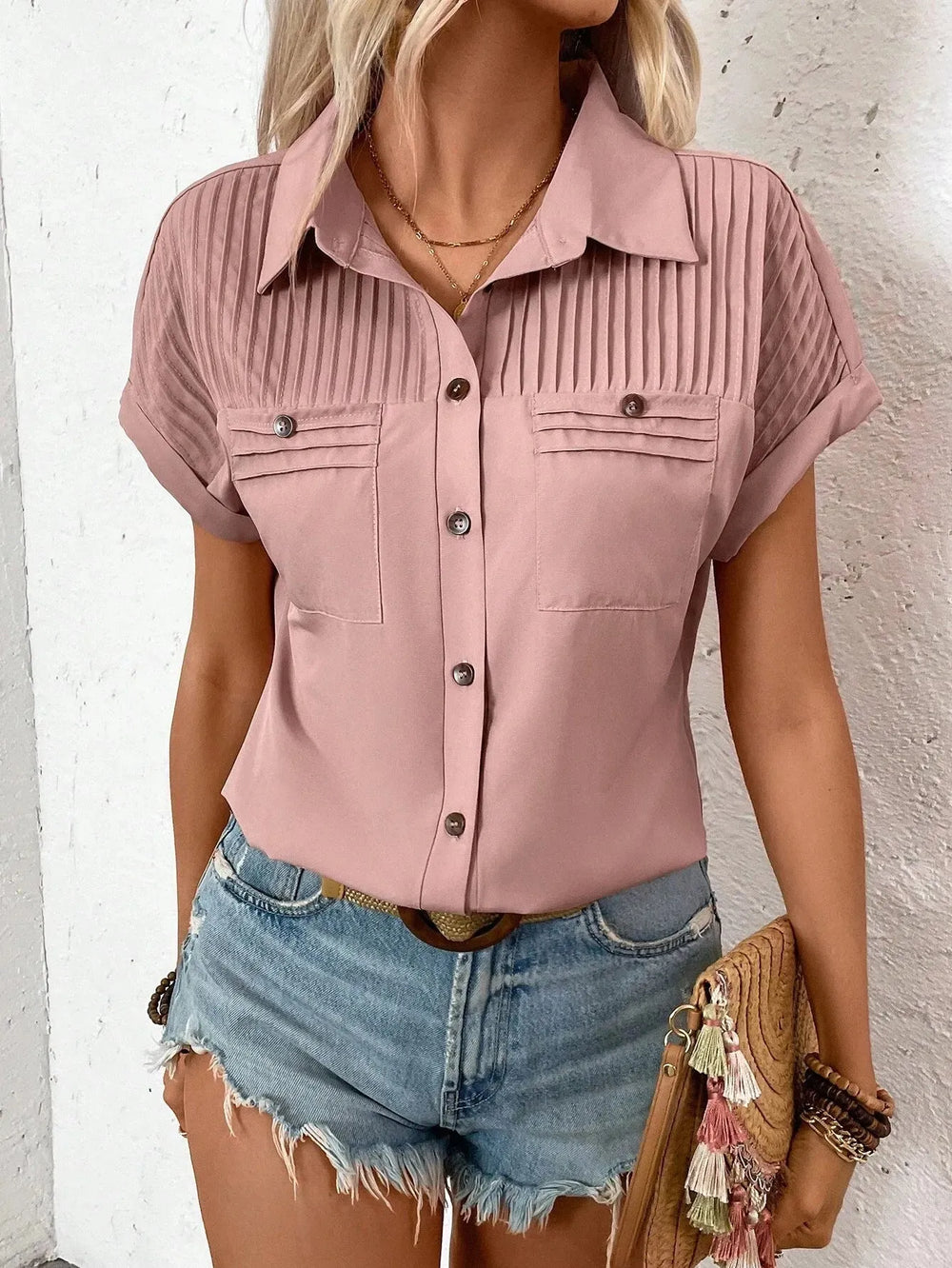 Lapel Shoulder Pleated Pocket Short Sleeve Top Shirt T-shirt Women - EX-STOCK CANADA