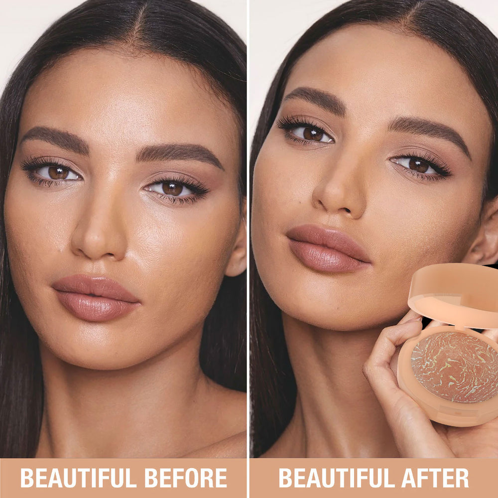 Before and after comparison of a woman's face with makeup application.