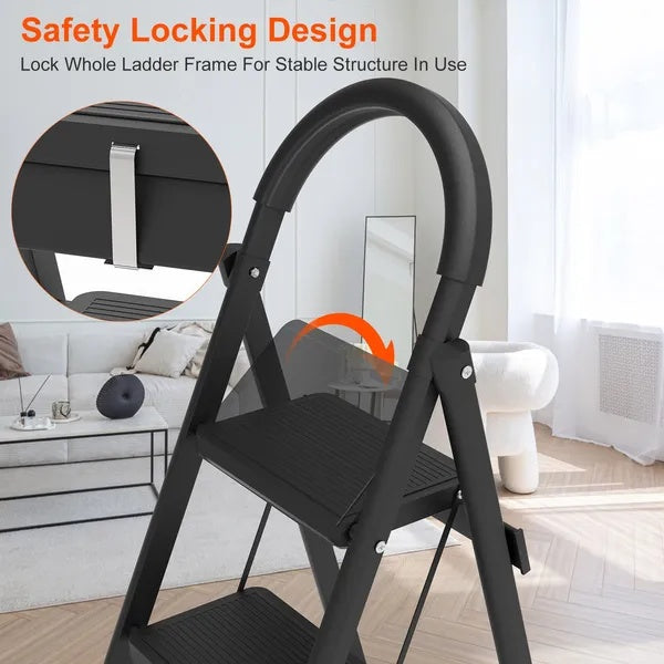 3-Step Folding Ladder, 330lbs Load Capacity, Lightweight 6.94lbs With 1.57in Folding Width, Heavy Duty Steel Construction, Non-Slip Pedals & Feet, Safety Lock, Multi-Use For Home Kitchen Living Room EX-STOCK