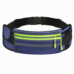 Blue waist bag with green accents on a white background