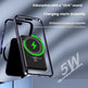 Phone case with wireless charging feature and compatibility information on a gray background