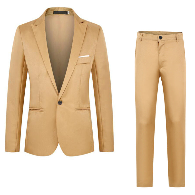 Tan suit jacket and pants on a white background