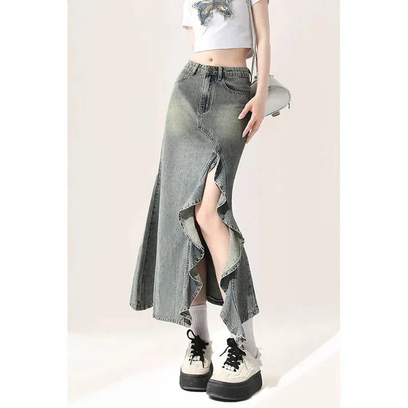 Irregular Half-length Split Denim long Skirt - EX-STOCK CANADA