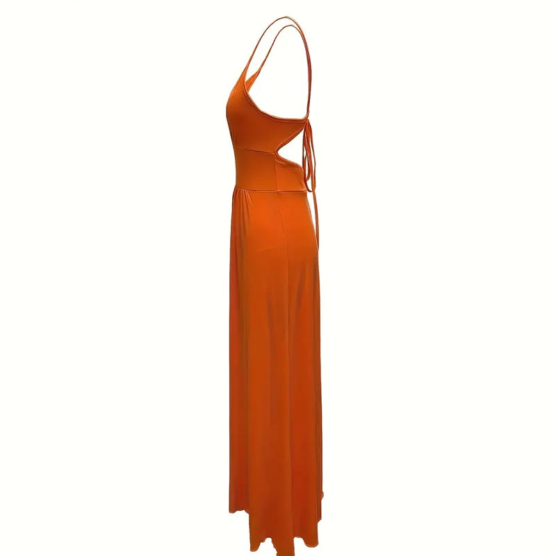 Elegant V Neck Summer Maxi Slit Dress Spaghetti Strap High Slit Long Dress EX-STOCK