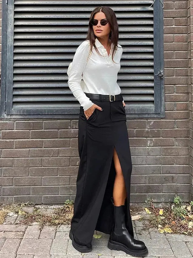 Women's Retro Casual Black High Waist Long front Split Skirt - EX-STOCK CANADA