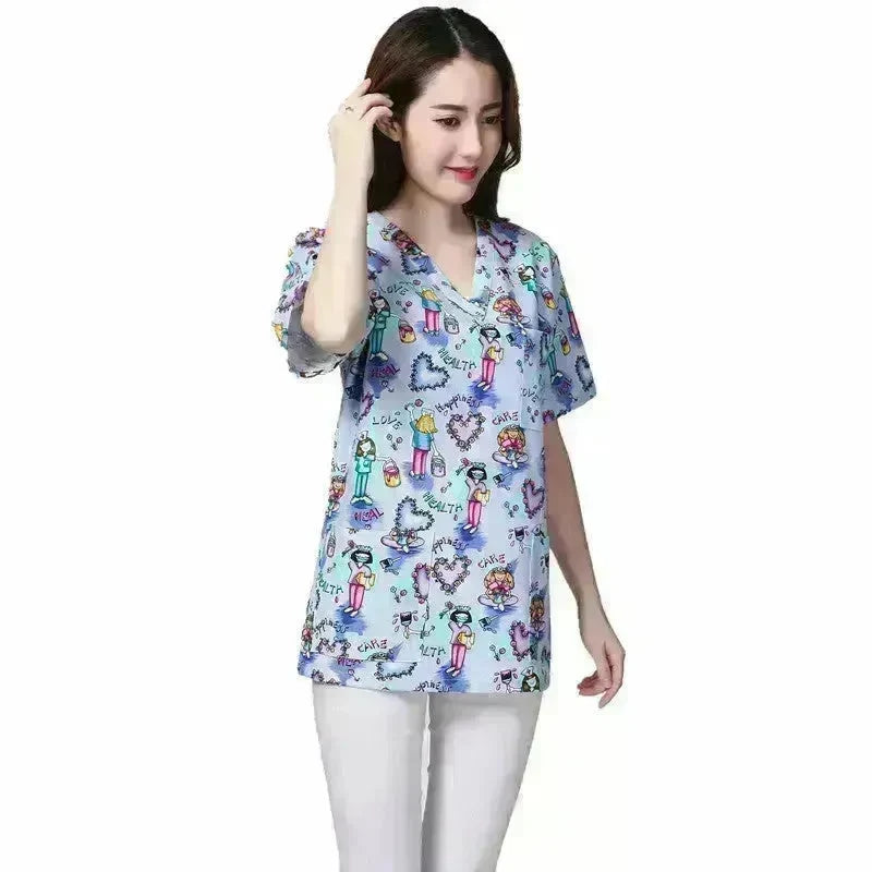 Cartoon Printing Hand Washing Suit Short Sleeve Small Shirt Beautician Pet Hospital Brush Hand Doctor Overalls EX-STOCK
