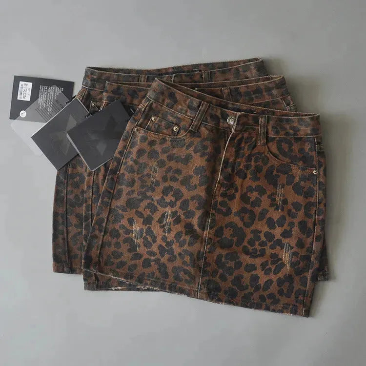 Leopard Print Mini Denim Skirt Women's High Waist Pencil Skirt - EX-STOCK CANADA