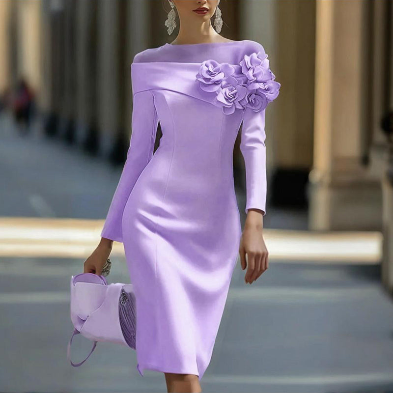 Women's Floral Embellished Long Sleeve Solid Color Round Neck A-Line Bodycon Party Dress For Spring&Summer Vacation EX-STOCK