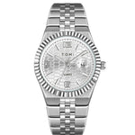 Silver wristwatch with a detailed face on a white background