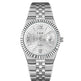 Silver wristwatch with a detailed face on a white background