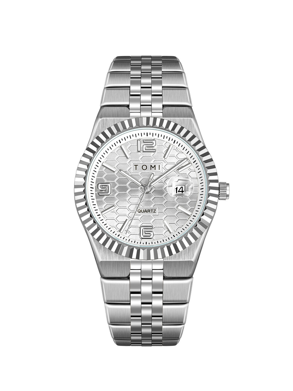 Silver wristwatch with a detailed face on a white background