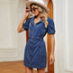 Women's Washed Belt button down Denim jeans mini short sleeve Dress - EX-STOCK CANADA