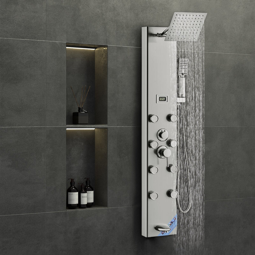 Shower Panel System, 5 Shower Modes, Digital Display Shower Panel Tower, Rainfall, 8 Massage Jets, Tub Spout, 3-Setting Handheld Shower Head 59 Hose, Stainless Steel Wall-Mounted Shower Set EX-STOCK
