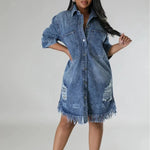Women's Fashion 3/4 sleeve Mid Length loose Denim Jeans Dress - EX-STOCK CANADA