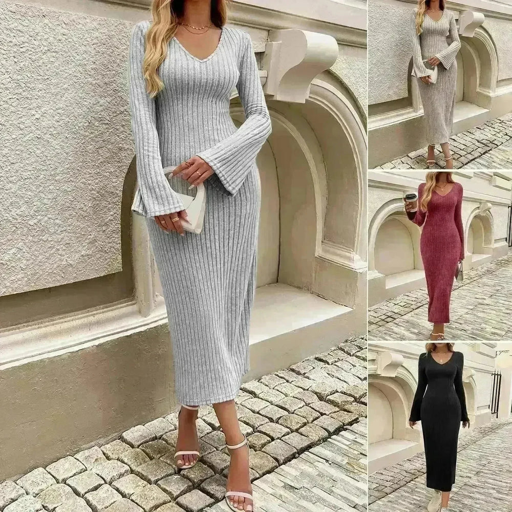 Cashmere V-neck Long bell sleeve Slim fit Midi Winter Sweater Dress - EX-STOCK CANADA