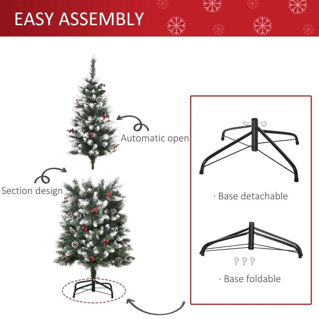 5ft Decorated Christmas Tree With Red Berries And Pine Cones, Flocked Christmas Tree With Pencil Shape, Green EX-STOCK Canada 